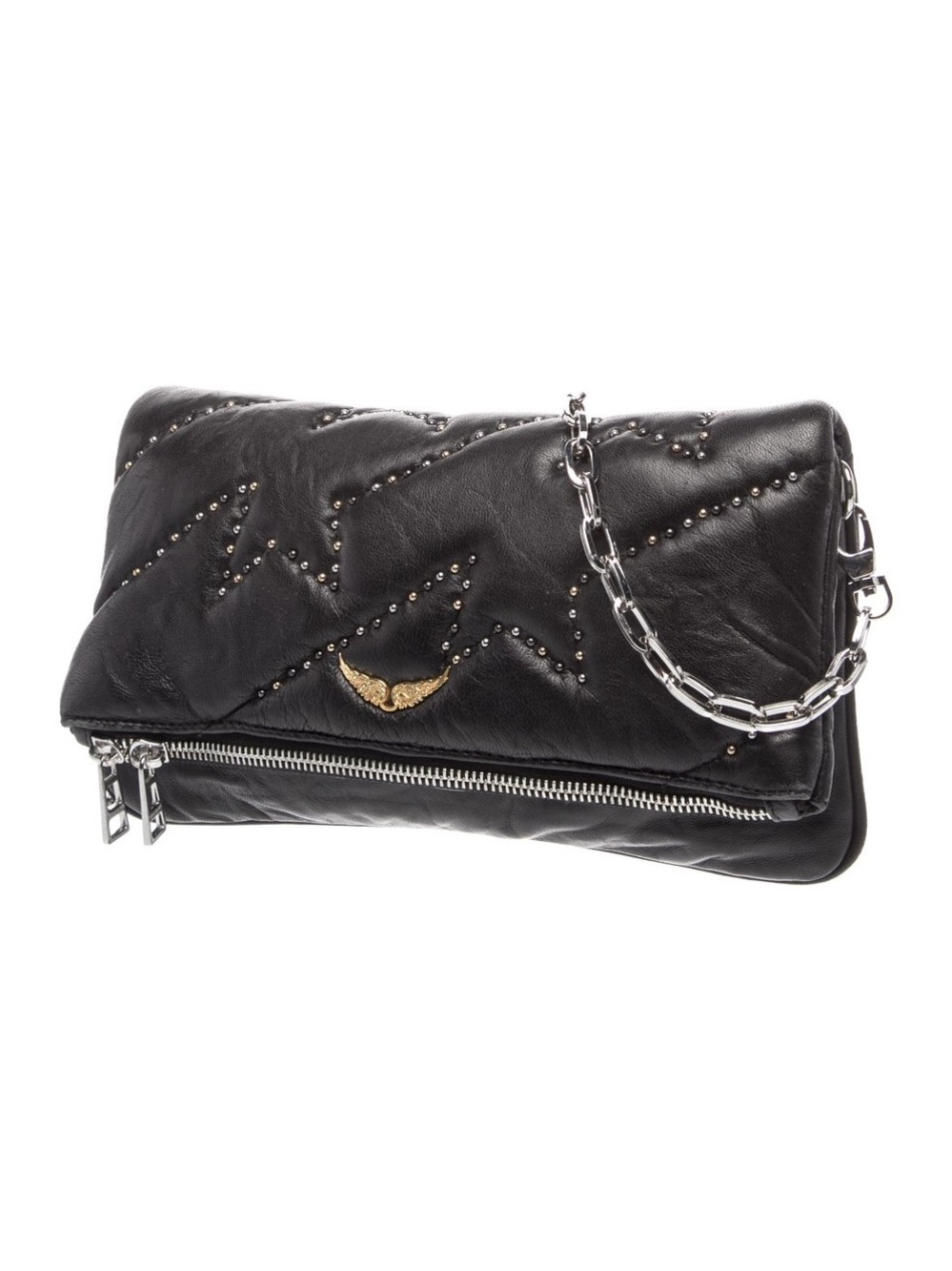Zadig & Voltaire Black Stud-Embellished Leather Fold-Over Shoulder Bag